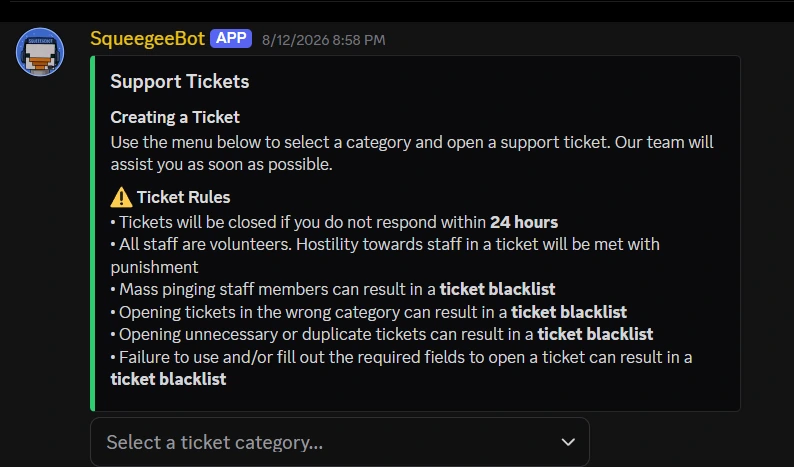 SqueegeeBot support ticket panel